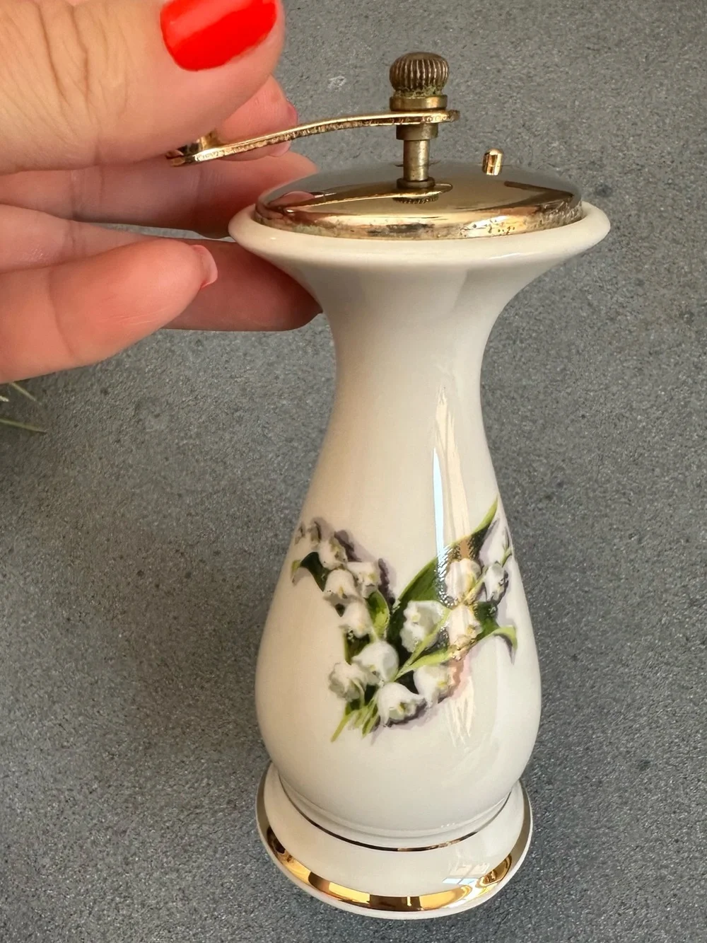 Porcelain White Lily of the Valley Pepper mill with Gold accents
